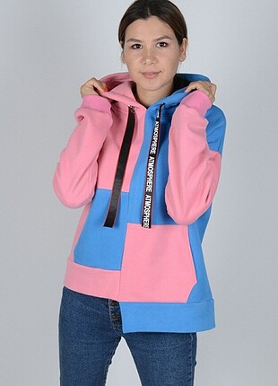 Pembe Renk Bloklu İçi Polarlı Kapüşonlu Örme Sweatshirt