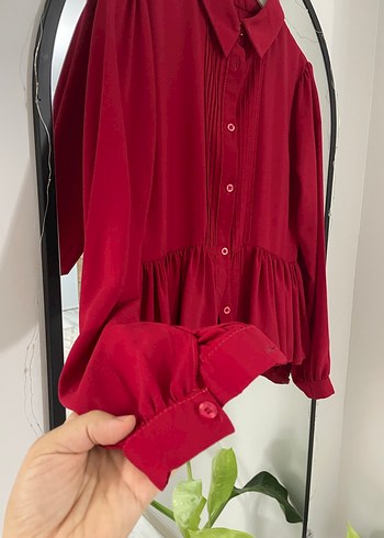 Kırmızı Pileli nervür dikişli gömlek - Görsel 4