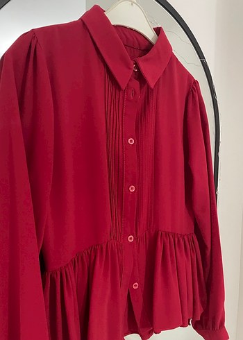 Kırmızı Pileli nervür dikişli gömlek - Görsel 2