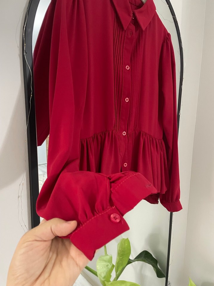 Kırmızı Pileli nervür dikişli gömlek - Görsel 4