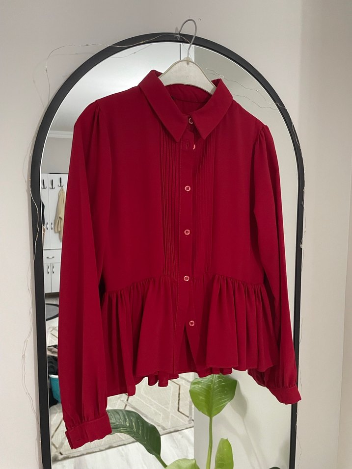 Kırmızı Pileli nervür dikişli gömlek - Görsel 3