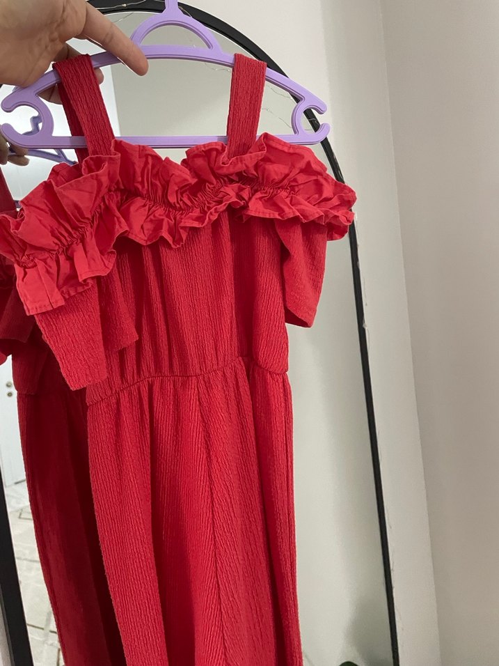 Kırmızı Fırfırlı Uzun kız cocuk tulum - Görsel 3