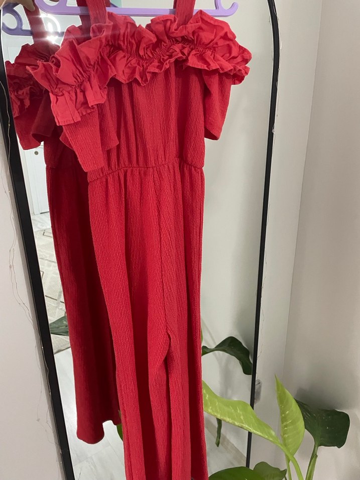 Kırmızı Fırfırlı Uzun kız cocuk tulum - Görsel 2