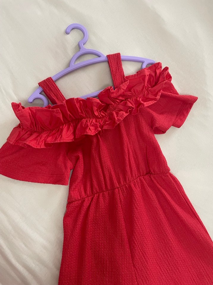 Kırmızı Fırfırlı Uzun kız cocuk tulum - Görsel 4