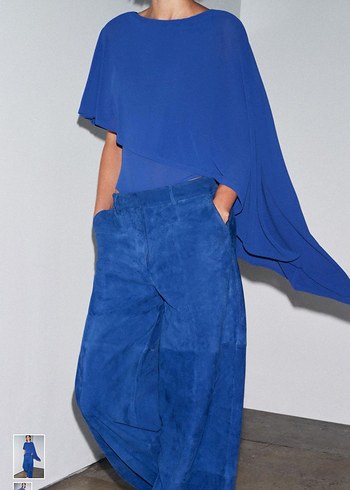 Drapeli Asimetrik Mavi Kadın Bluz - Görsel 2