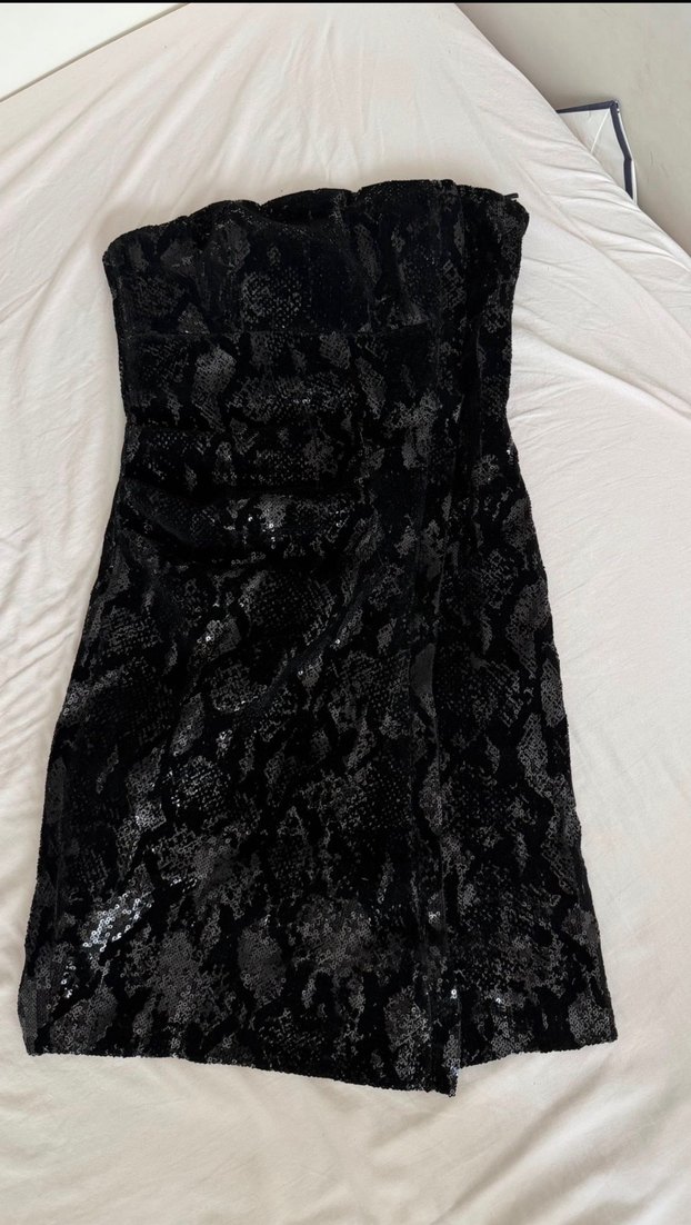 Siyah Drapeli Yılan Desenli Mini Elbise - Görsel 2