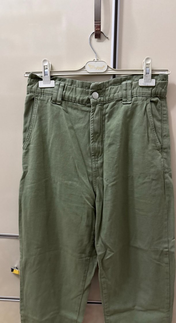 Haki Renk Bol Kesim Keten Kumaş Kadın Pantolon - Görsel 2