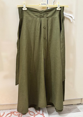 Beli Kuşaklı Haki Uzun Kadın Etek - Görsel 3