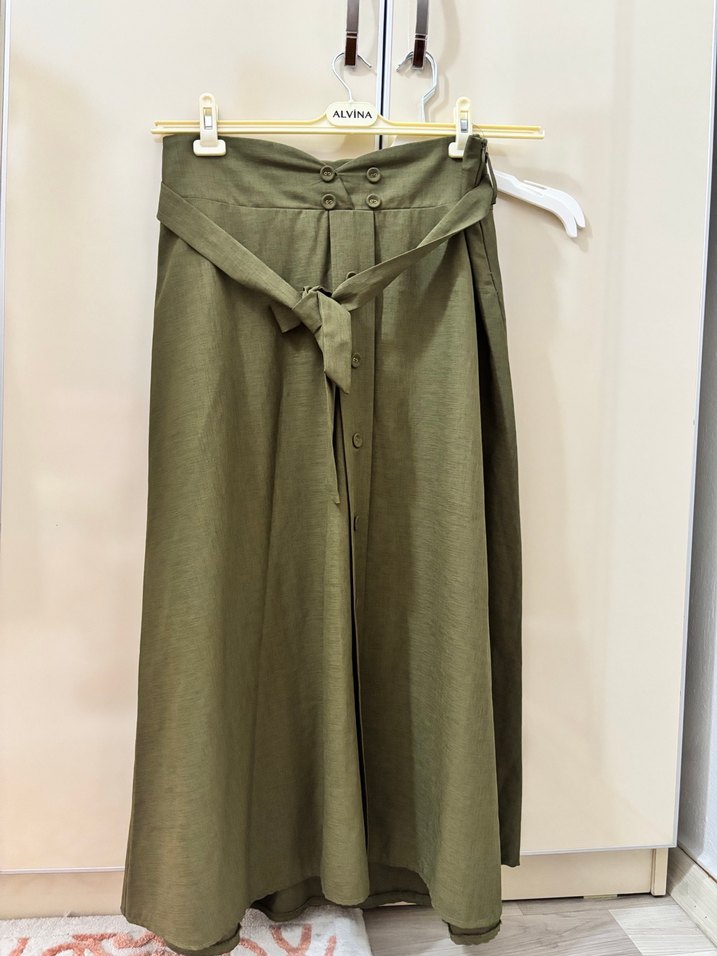 Beli Kuşaklı Haki Uzun Kadın Etek - Görsel 2