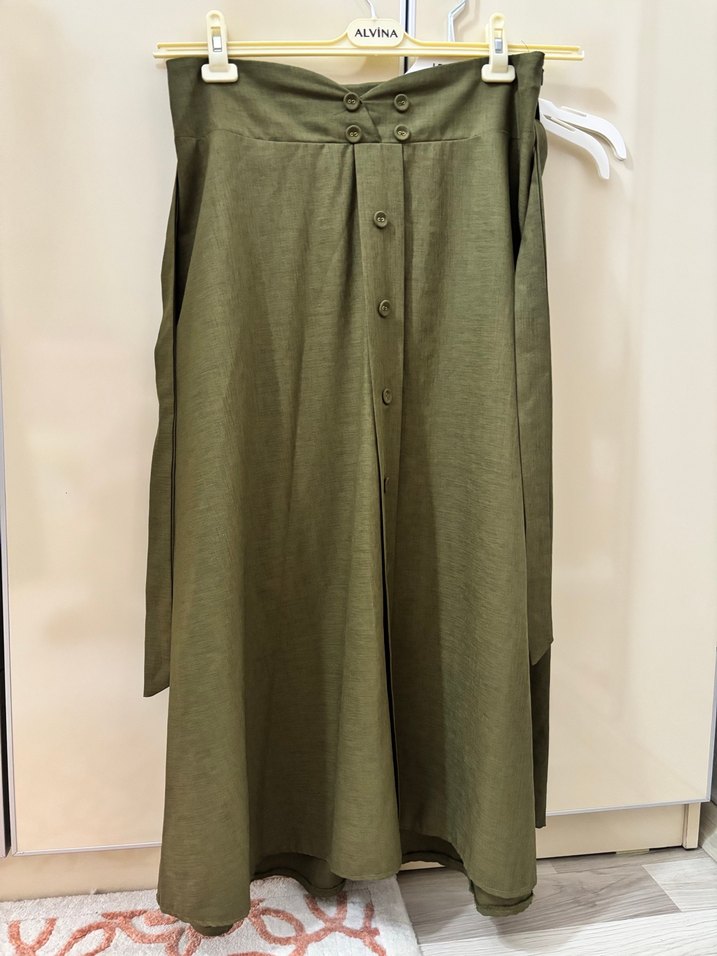 Beli Kuşaklı Haki Uzun Kadın Etek - Görsel 3