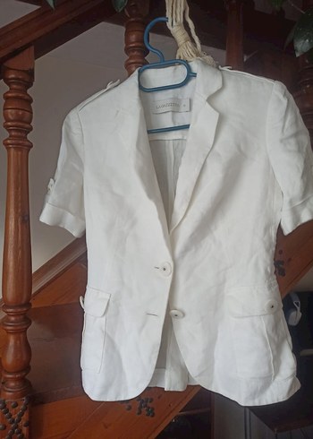 Beyaz Keten Kısa Kollu Mini Blazer