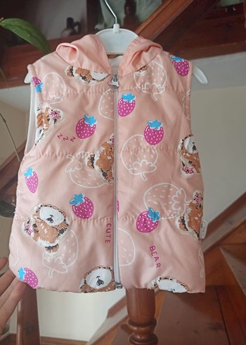 Kız Çocuk Fermuarlı Pembe Baskılı Yelek - Görsel 2