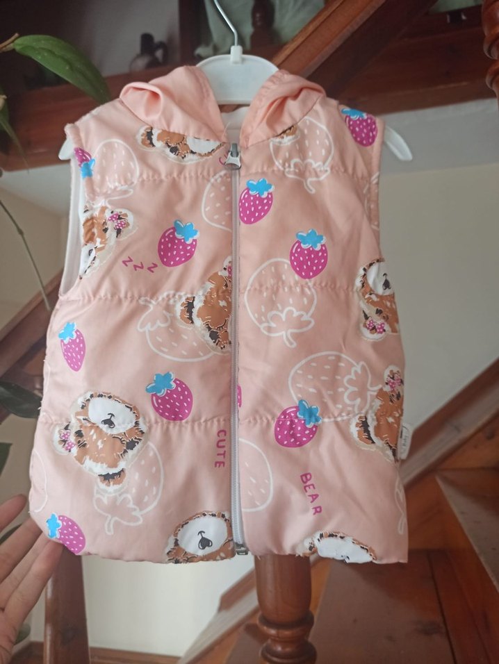 Kız Çocuk Fermuarlı Pembe Baskılı Yelek - Görsel 2