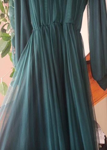 Uzun Kollu, Yüksek Yakalı Yeşil Gotik Elbise - Görsel 3