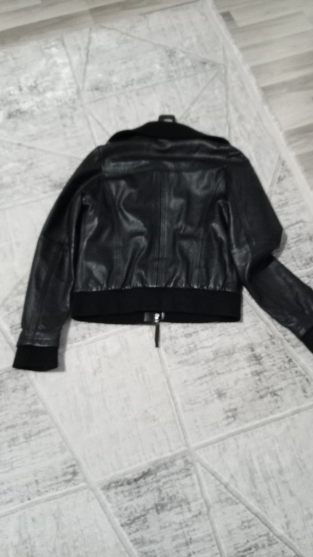 Kadın Siyah Deri Kürklü Biker Ceket - Görsel 2