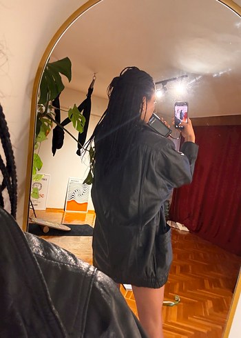 Deri ceket unisex bomber uzun Siyah Grunge Punk ceket elbise - Görsel 3