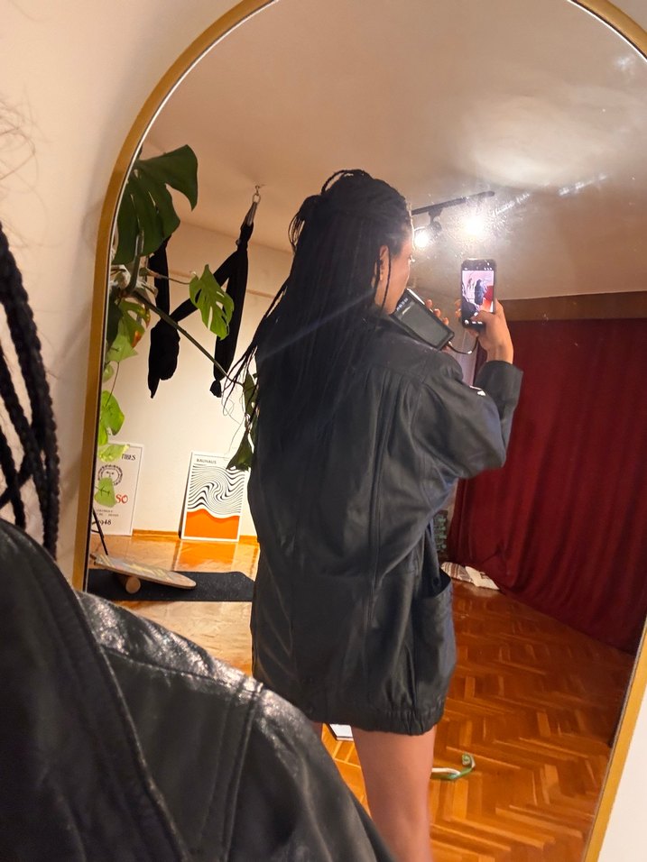 Deri ceket unisex bomber uzun Siyah Grunge Punk ceket elbise - Görsel 3