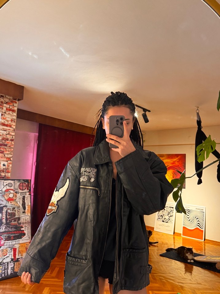 Siyah Harley-Davidson Kadın erkek Deri Biker Ceket - Görsel 4