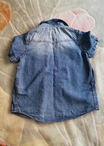 5 Yaş Beden mavi Renk Erkek Çocuk Gri Denim Kısa Kollu Gömlek