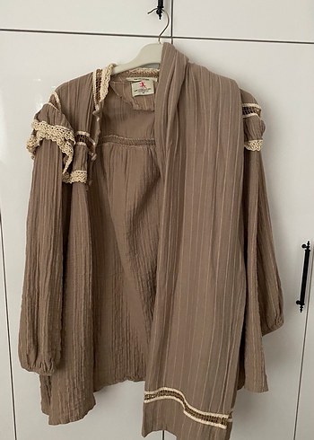 Bej Bohem Hamile Bluzu, Nakışlı, Uzun Kollu - Görsel 2