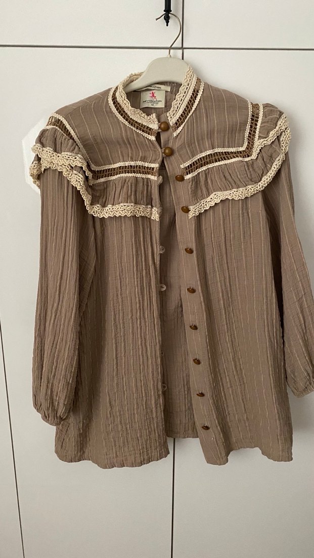 Bej Bohem Hamile Bluzu, Nakışlı, Uzun Kollu - Görsel 4