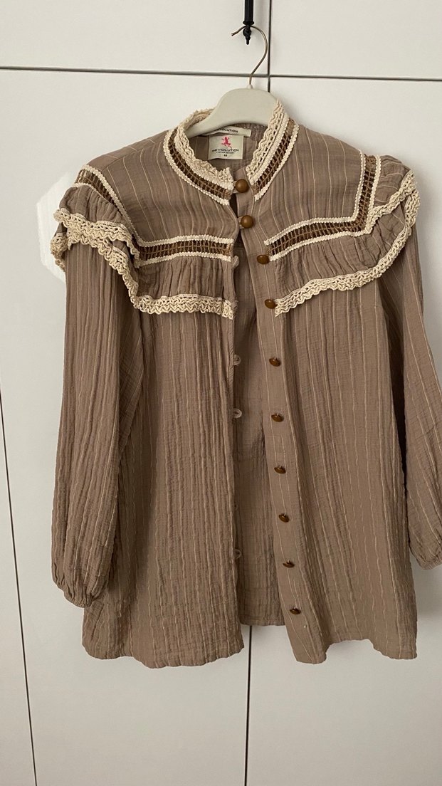 Bej Bohem Hamile Bluzu, Nakışlı, Uzun Kollu - Görsel 5