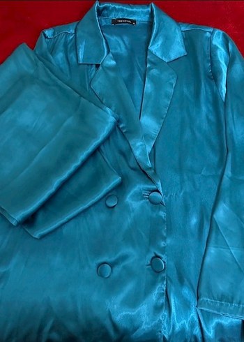 Parlak Turkuaz Kadın Saten Pijama Takımı - Görsel 2