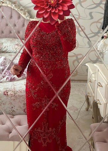 Kırmızı Boncuk İşlemeli Uzun Kollu Abiye Elbise - Görsel 6