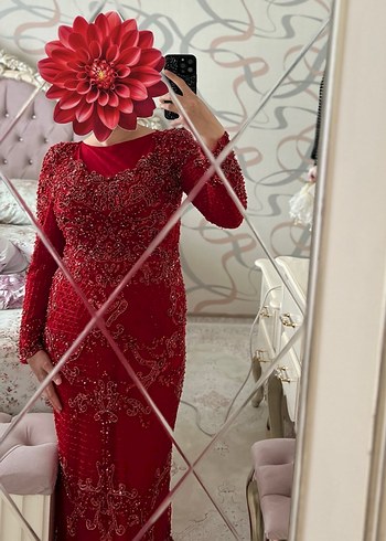 Kırmızı Boncuk İşlemeli Uzun Kollu Abiye Elbise - Görsel 3