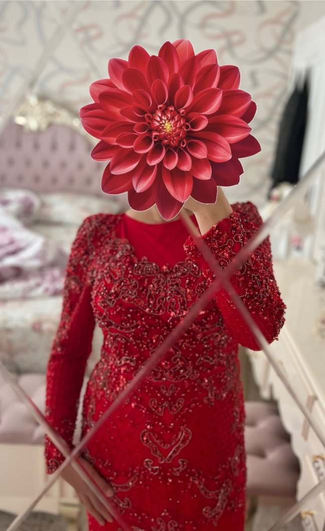 Kırmızı Boncuk İşlemeli Uzun Kollu Abiye Elbise - Görsel 4