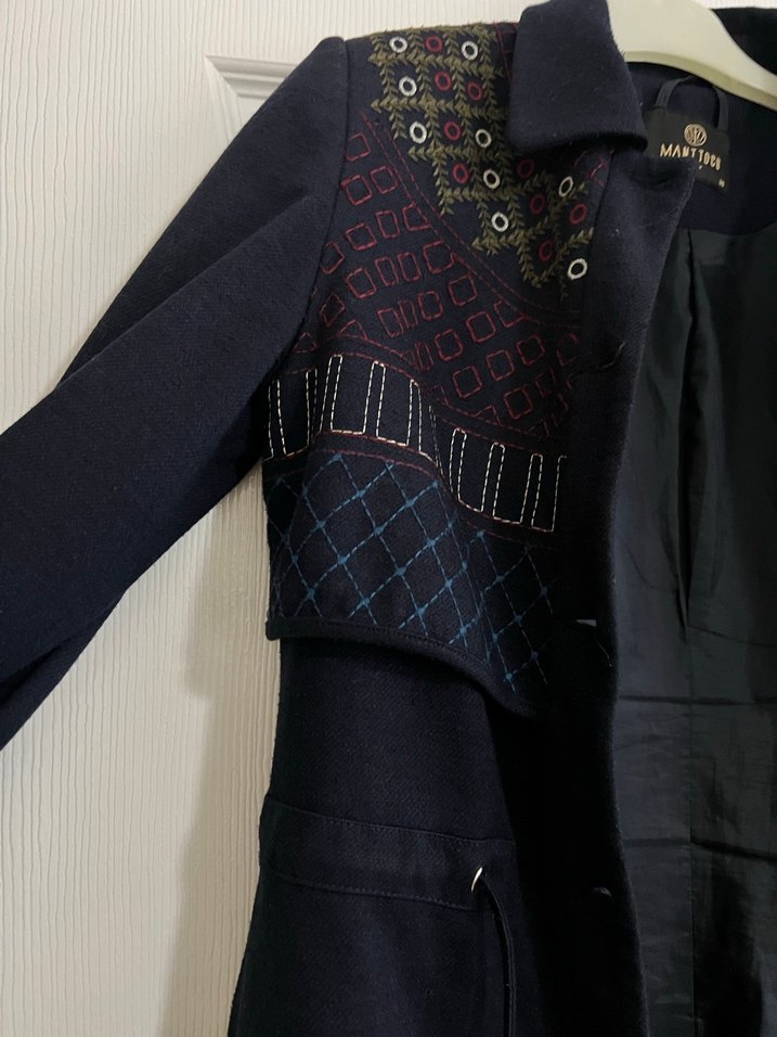 Nakışlı Lacivert Uzun Goth Kadın Kaban - Görsel 4