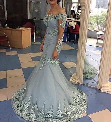 xs Beden turkuaz Renk Balık Model Nişan Abiye Elbise