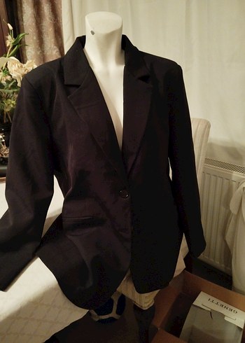 Siyah Kadın Ofis Blazeri, Düğmeli, Saten Kumaş - Görsel 3