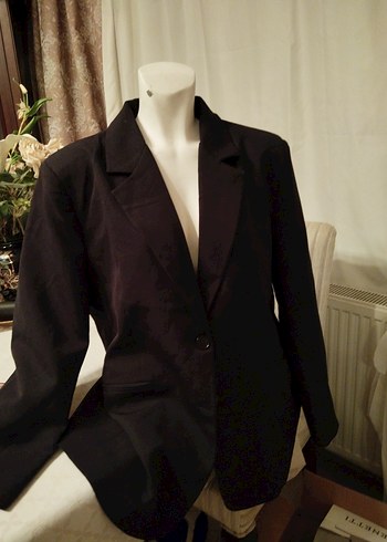 Siyah Kadın Ofis Blazeri, Düğmeli, Saten Kumaş - Görsel 2