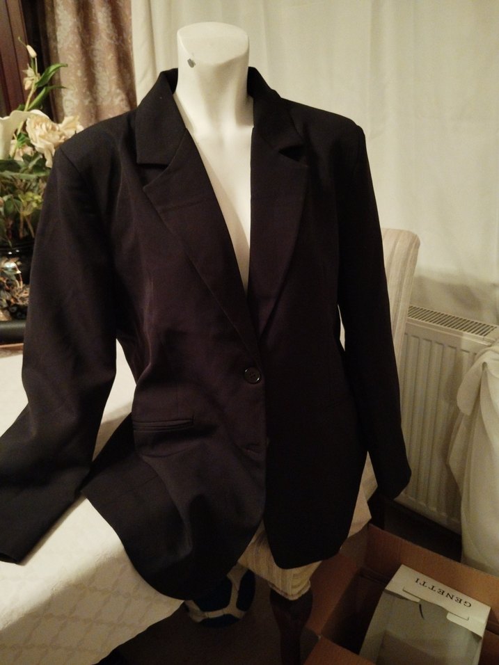 Siyah Kadın Ofis Blazeri, Düğmeli, Saten Kumaş - Görsel 3