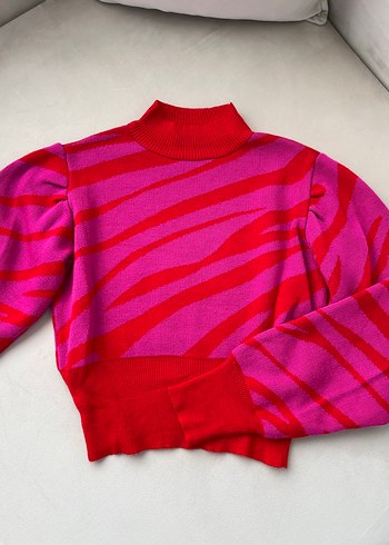 Pembe Zebra Desenli Balıkçı Yaka Kazak