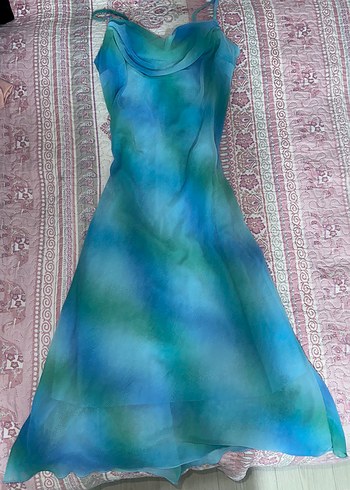 Sheinside Vintage Mavi Yesil Sifon Elbise