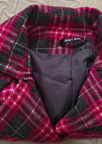 Düğmeli Kısa Pembe Ekose Kadın Ceket - Görsel 3