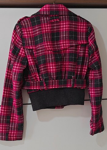Düğmeli Kısa Pembe Ekose Kadın Ceket - Görsel 2