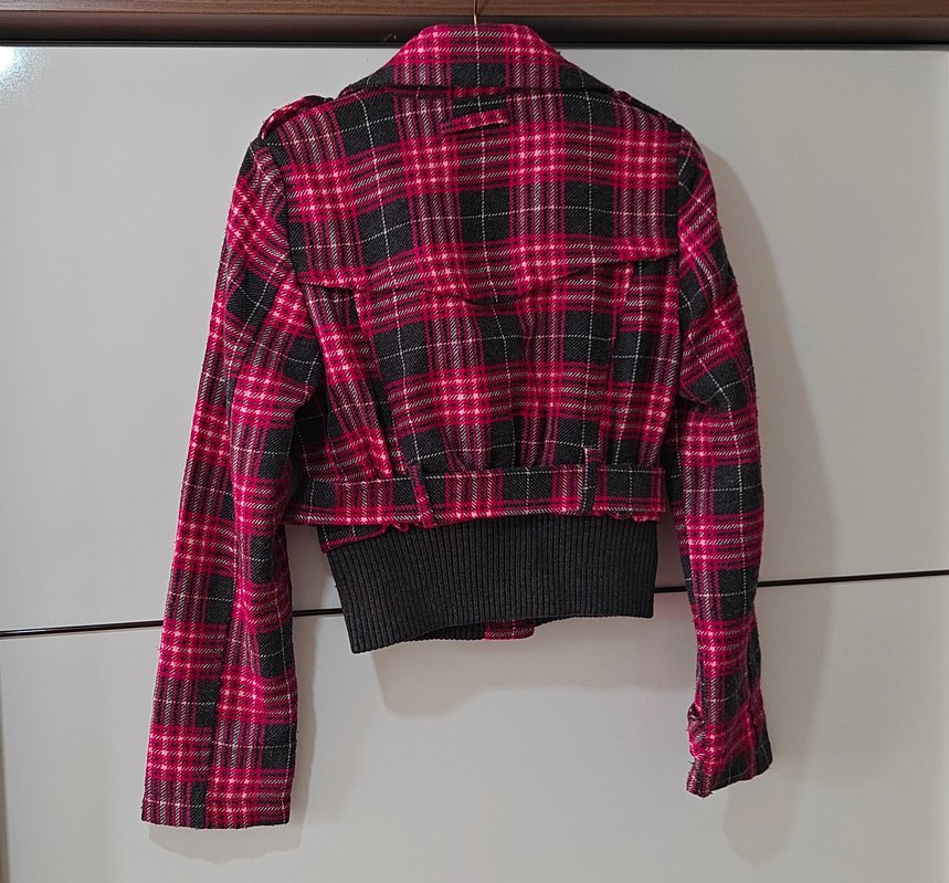 Düğmeli Kısa Pembe Ekose Kadın Ceket - Görsel 2