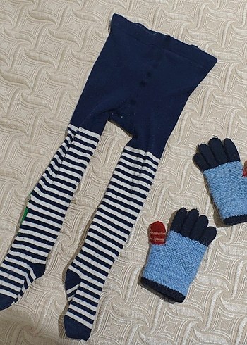 Çizgili ve Nakışlı Mavi Çocuk Külotlu Çorap - Görsel 2