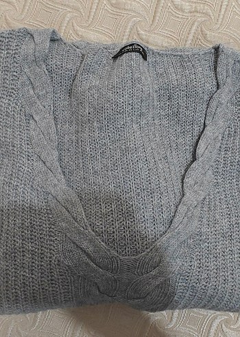 Collezione Gri V Yaka Uzun Örgü Kadın Kazak - Görsel 4