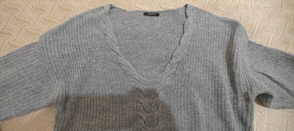 Collezione Gri V Yaka Uzun Örgü Kadın Kazak - Görsel 3