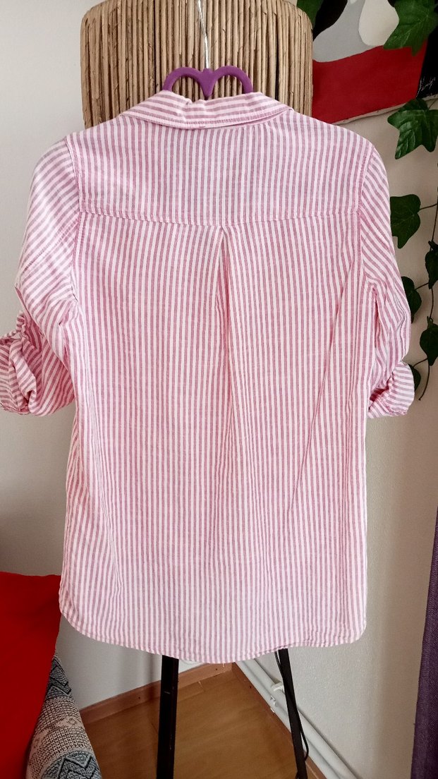 Pembe Çizgili Pamuklu Kadın Gömlek - Görsel 4