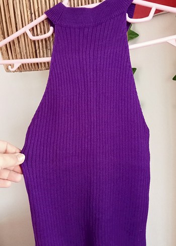 Halter Yaka Mor Kolsuz Triko Bluz - Görsel 3