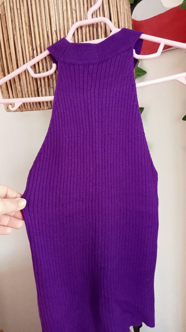 Halter Yaka Mor Kolsuz Triko Bluz - Görsel 3