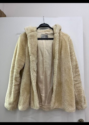 Kapüşonlu Krem Peluş Mont Kaban - Görsel 2