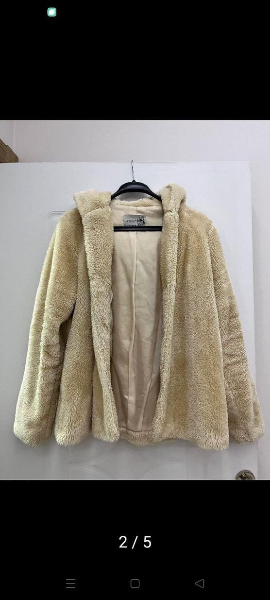Kapüşonlu Krem Peluş Mont Kaban - Görsel 2