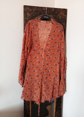 Turuncu Çiçekli Önden Bağlamalı Pareo Plaj Elbisesi - Görsel 6