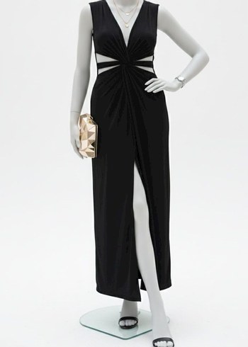 Siyah Kalın Askılı Dekolteli Maxi Elbise - Görsel 2